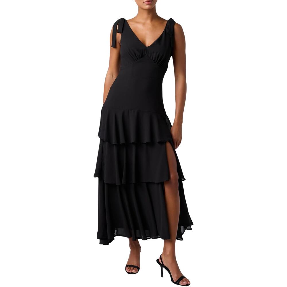Lulus Arya Tiered Ruffle Maxi Dress Black Deep V Corset Waist Tie Strap Small